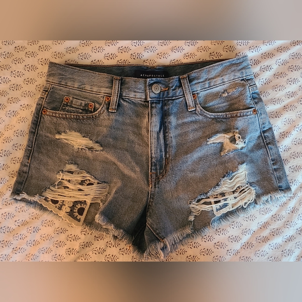 Aeropostale Women's Ripped Jean Shorts - Light Blue